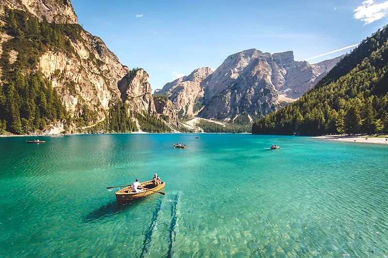 A calm lake and mountains
